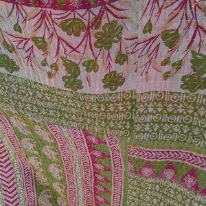 Kantha Quilt Green Red Yellow 54" x 84" Cotton Premium 3 Layer Reversible K86.